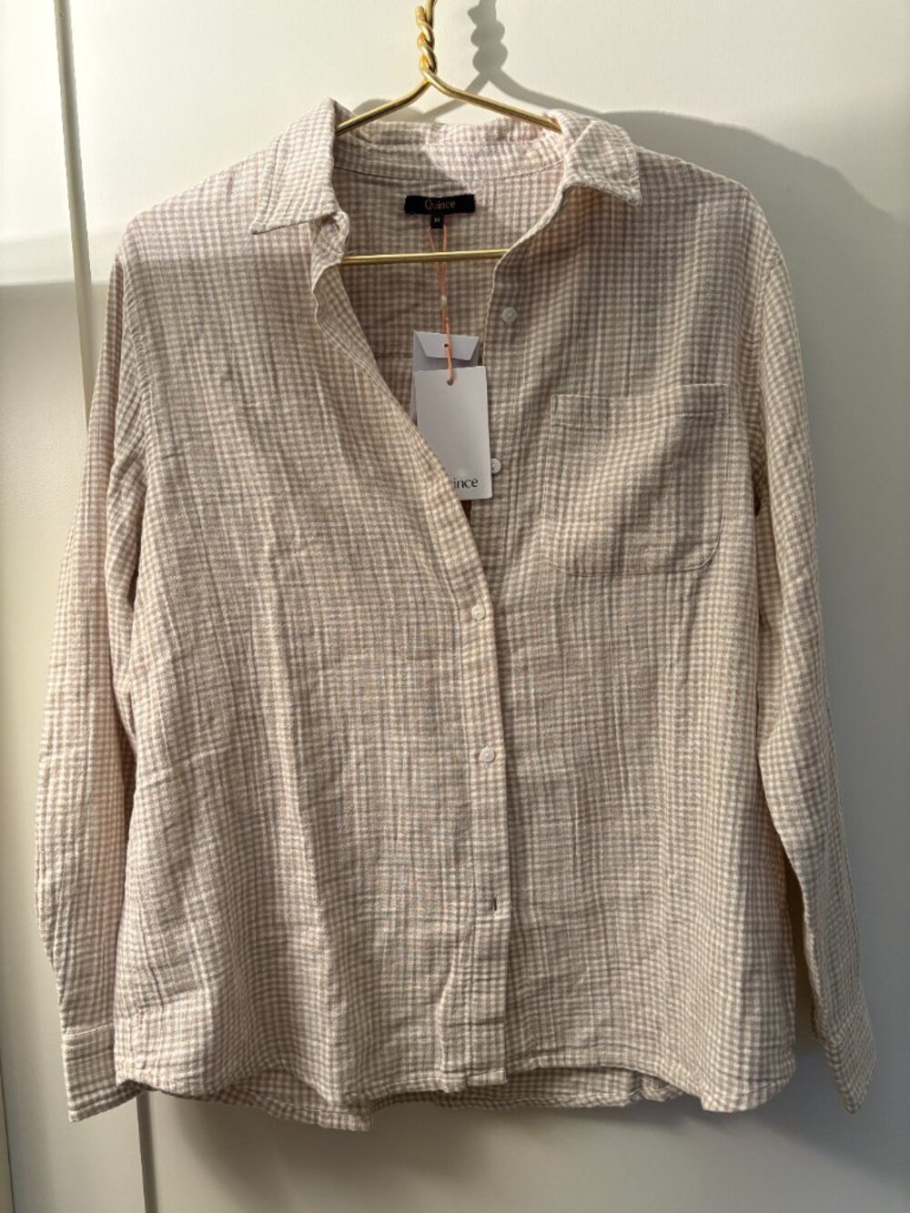 NWT QUINCE 100% Organic Cotton Gauze Shirt KHAKI GINGHAM.. Medium..NWT..
